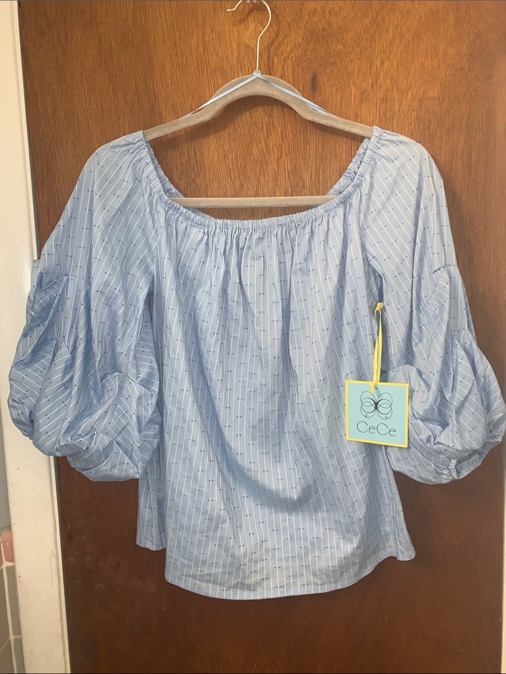🇺🇸 CECE Blue Off-the-shoulder Balloon-sleeve Blouse NWT M - Picture 11 of 16